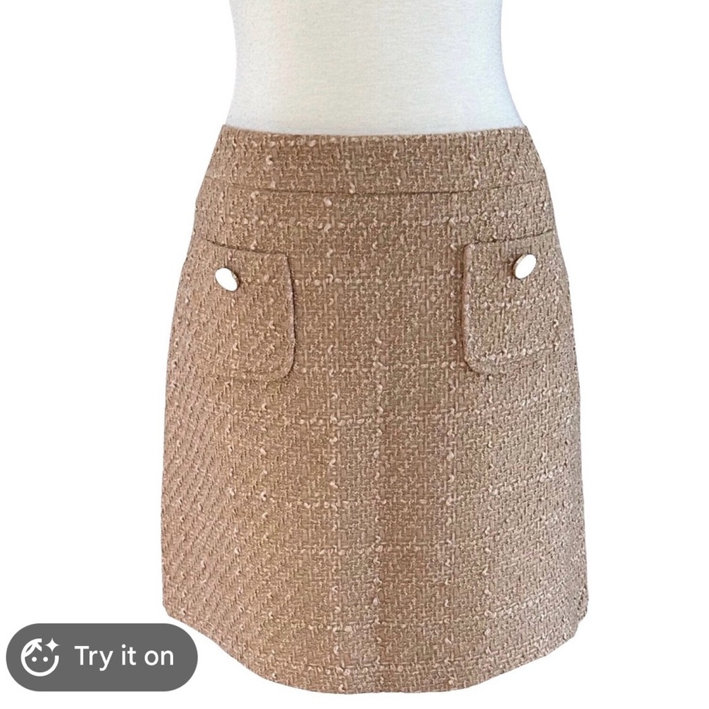 Tweed Mini Skirt in Tan with Front Pocket Accents